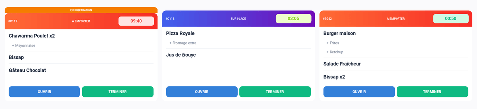 Écran cuisine DIAYMA avec trois commandes en parallèle : minuteur rouge à 9 min 40 pour la plus ancienne, jaune à 3 min 05 pour la suivante, vert à 50 secondes pour la dernière arrivée.